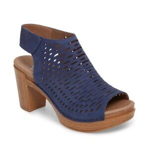 Dansko Danae Laser Cut Leather Block Heel Sandals Blue Suede